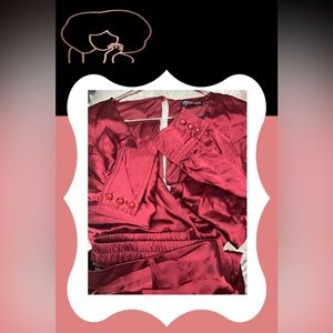 Ruby Satin 2-Piece Pants Set with Cropped V Neck w/ Dramatic 3-Button Sleeves